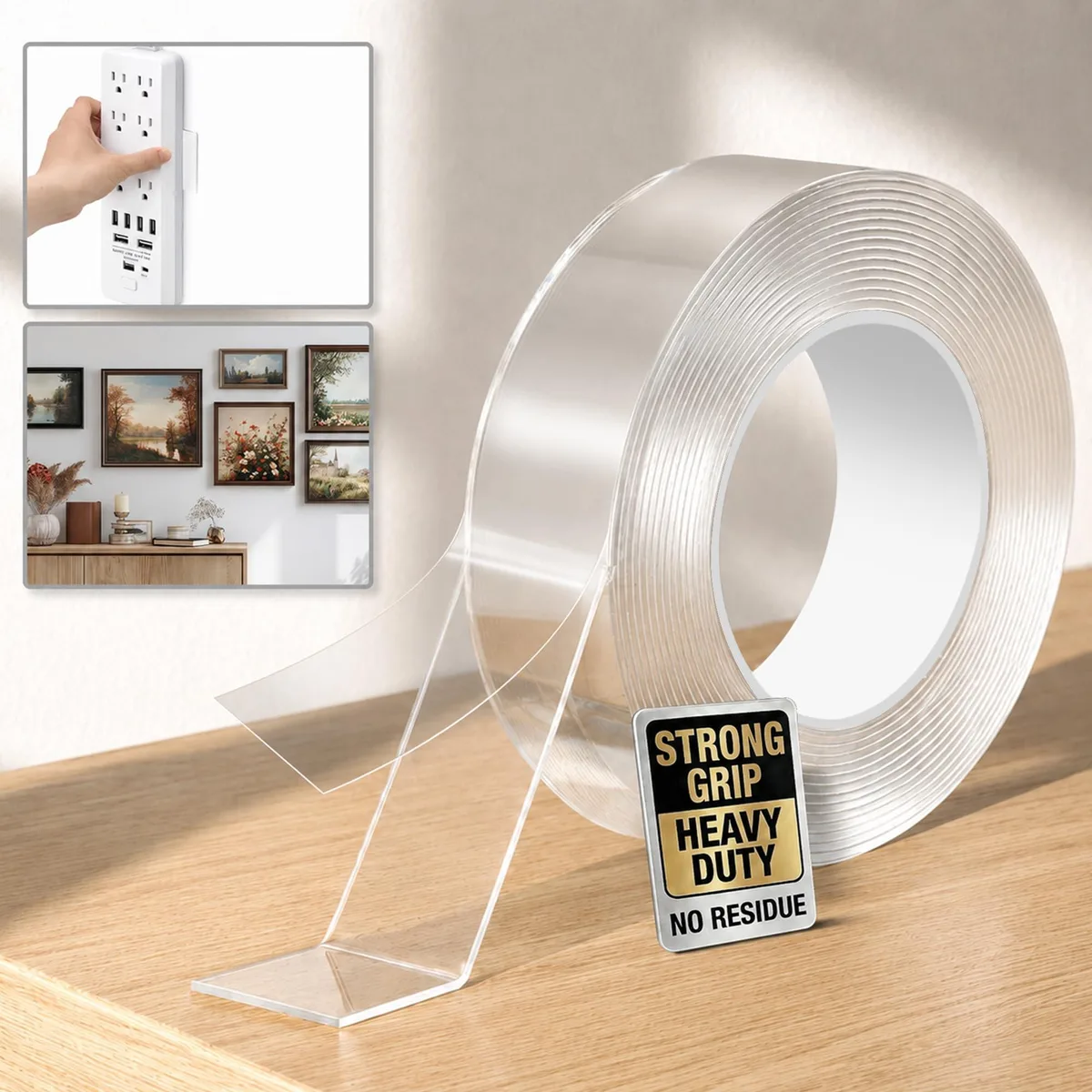 A roll of transparent blue double-sided mounting tape 1.18 inches wide by 10 feet long
