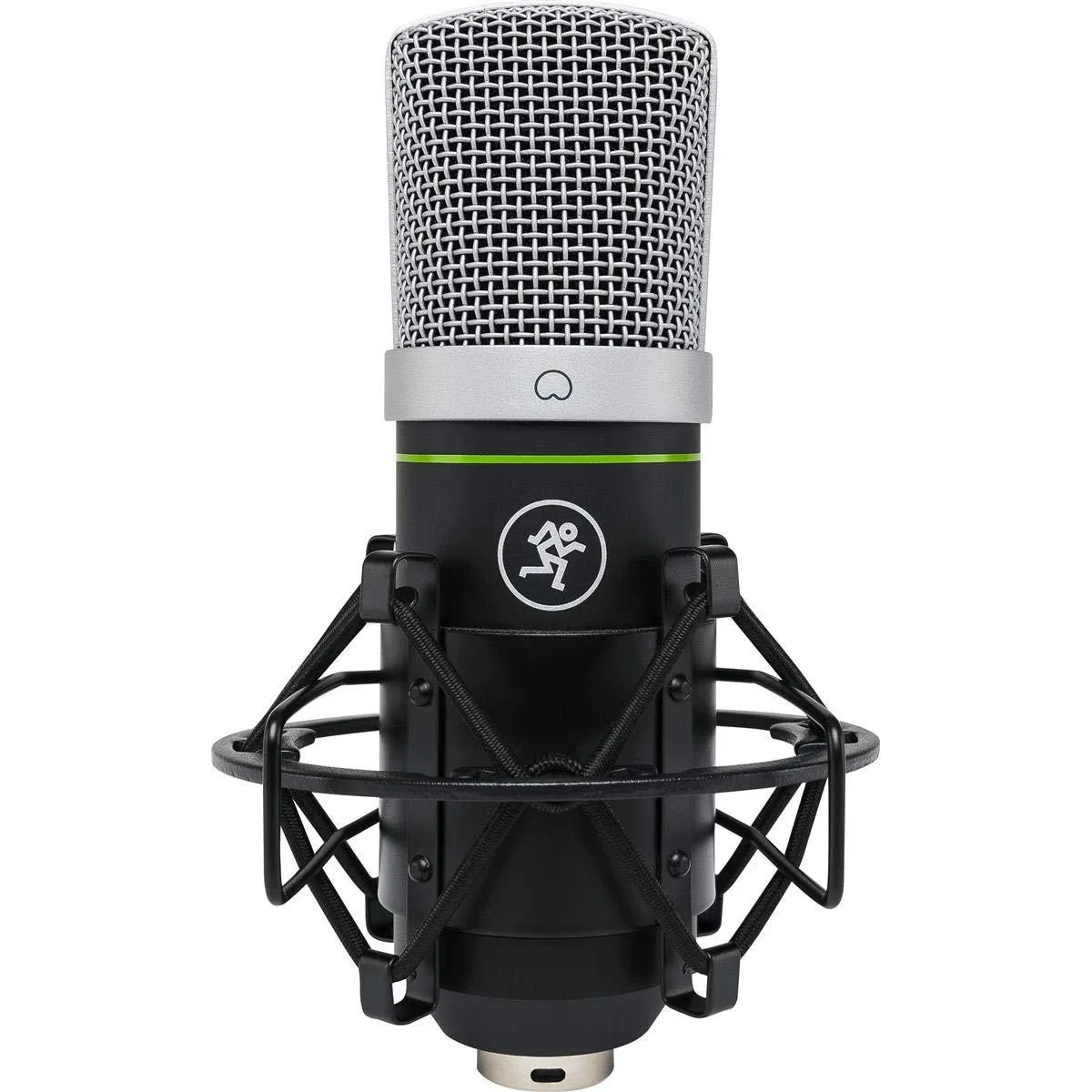 Mackie EM-91CU USB condenser microphone, dark cylindrical body on compact tabletop stand