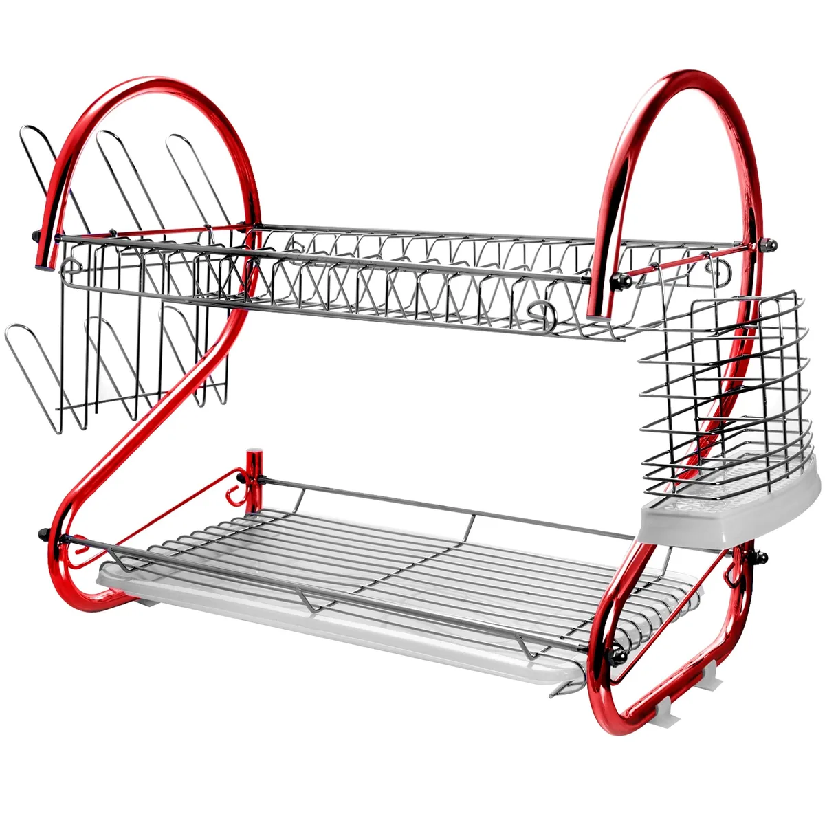 Red dish rack with open wire shelves and utensil holder