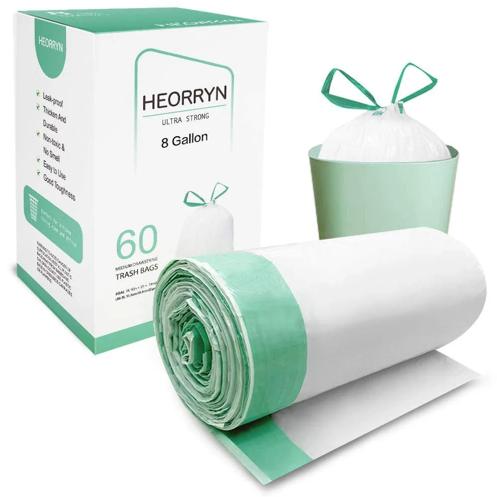 Green polyethylene drawstring trash bags packed in four rolls of fifteen, 8 gallon capacity, 0.79 mil thick