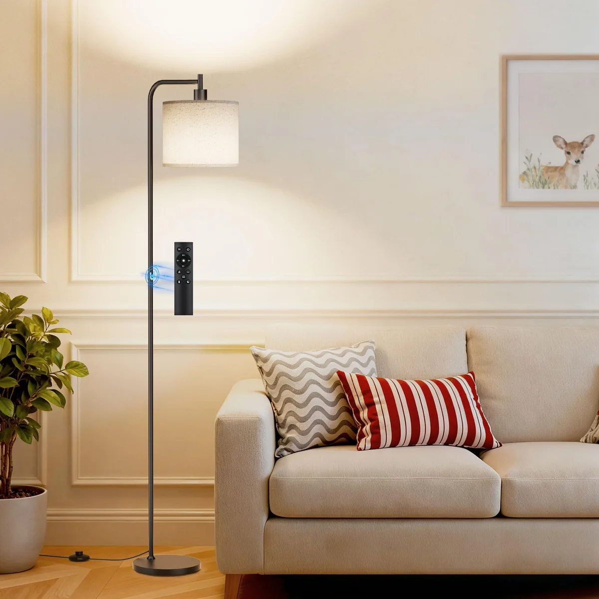 Tall standing lamp with linen shade and matte metal base