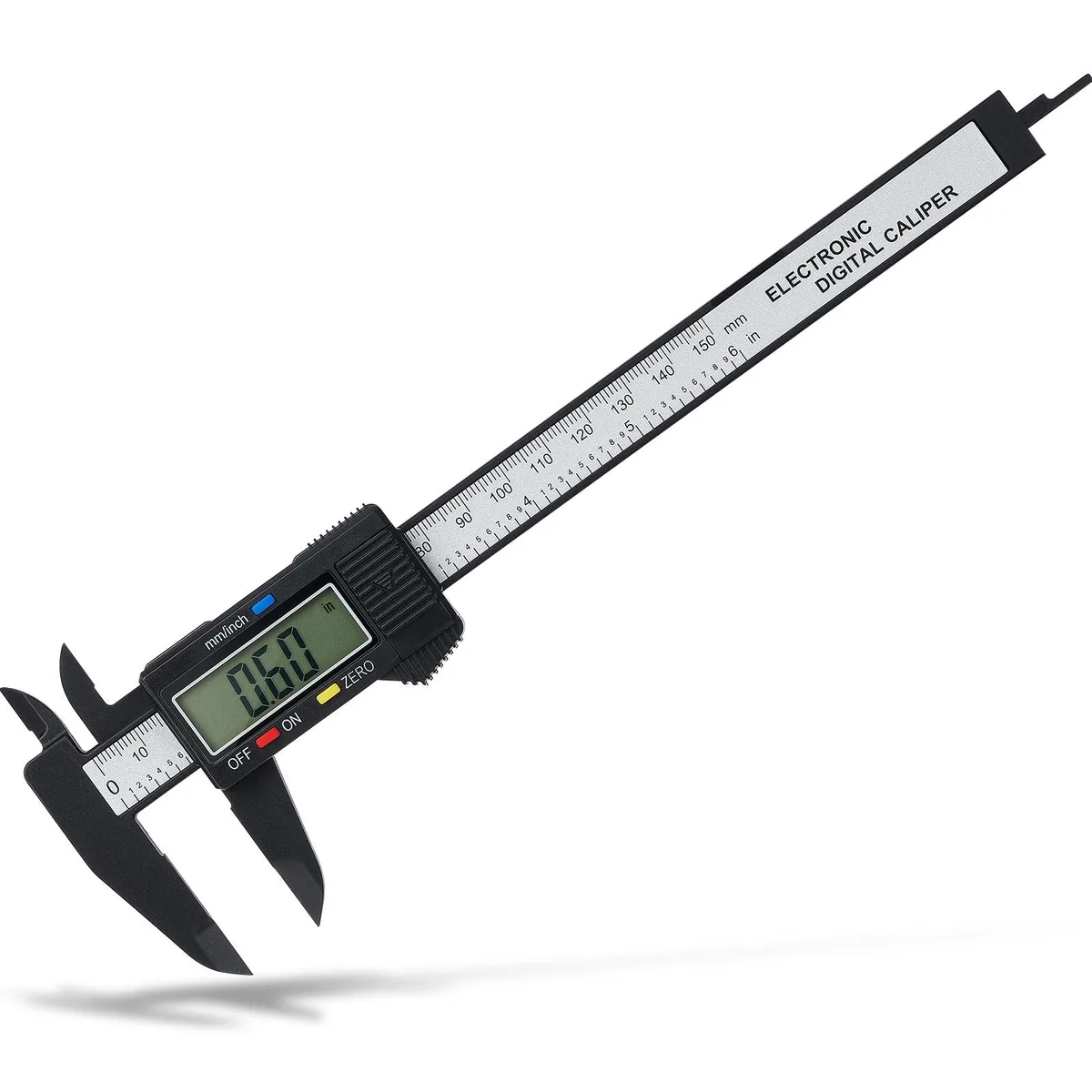 Stainless steel digital caliper with large LCD screen, zero button, inch/mm switch, depth probe and inside/outside jaws