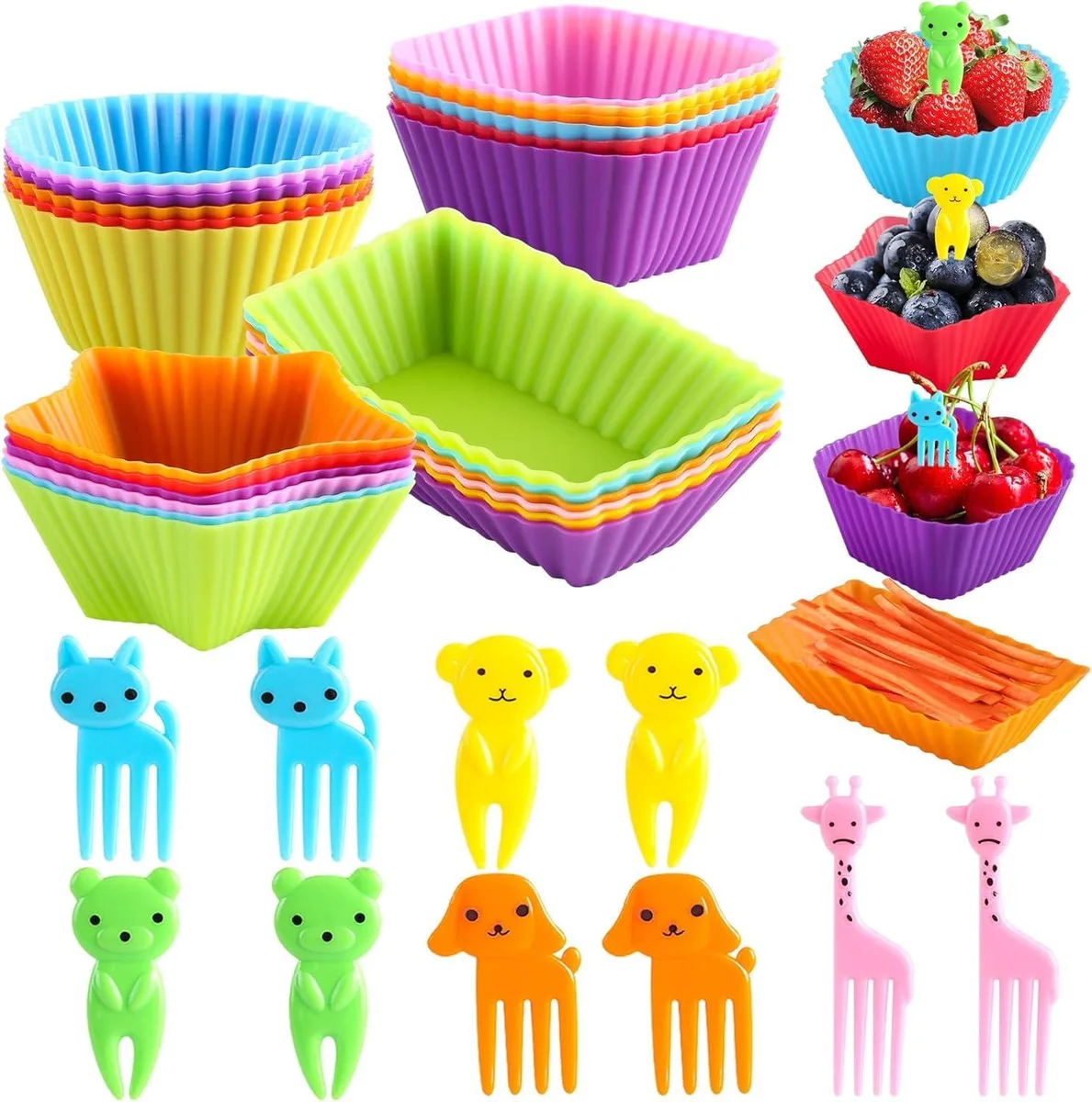Red silicone bento dividers in four shapes with ten animal picks