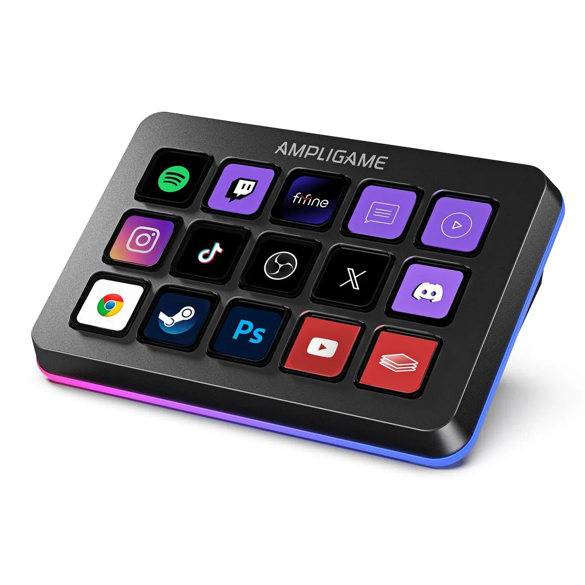 Black rectangular stream controller with fifteen square LCD keys and RGB lighting ring