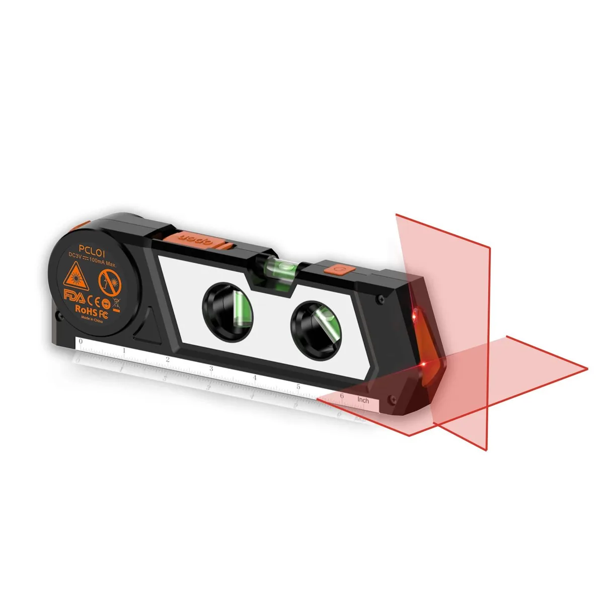 Compact laser level with tape measure, ruler and three bubble vials