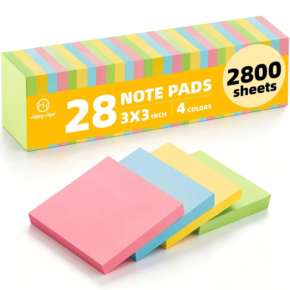 A stack of 28 square pastel sticky-note pads in yellow green pink and blue