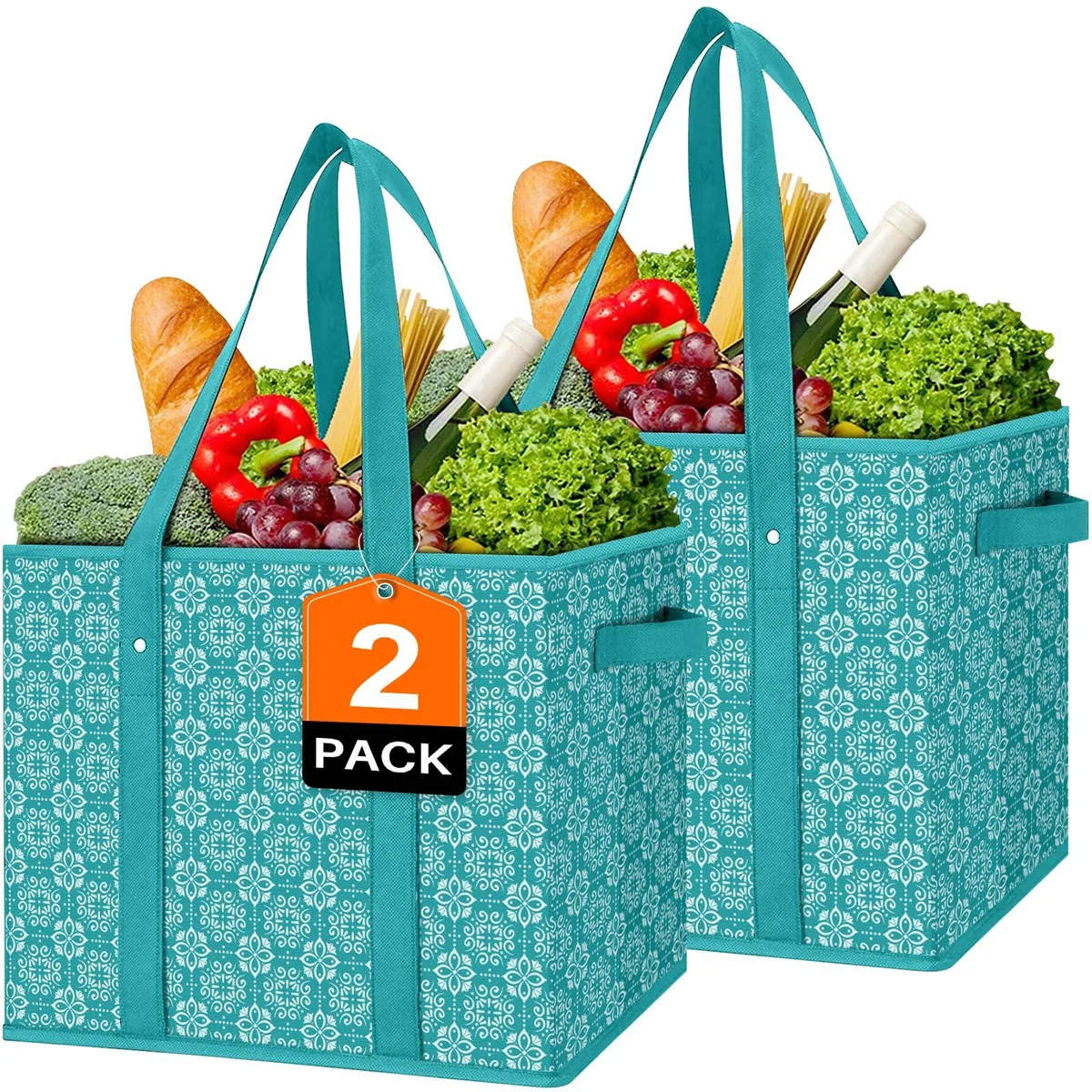 Two beige foldable tote bags with shoulder straps and handles, water-resistant non-woven fabric, cardboard-reinforced base