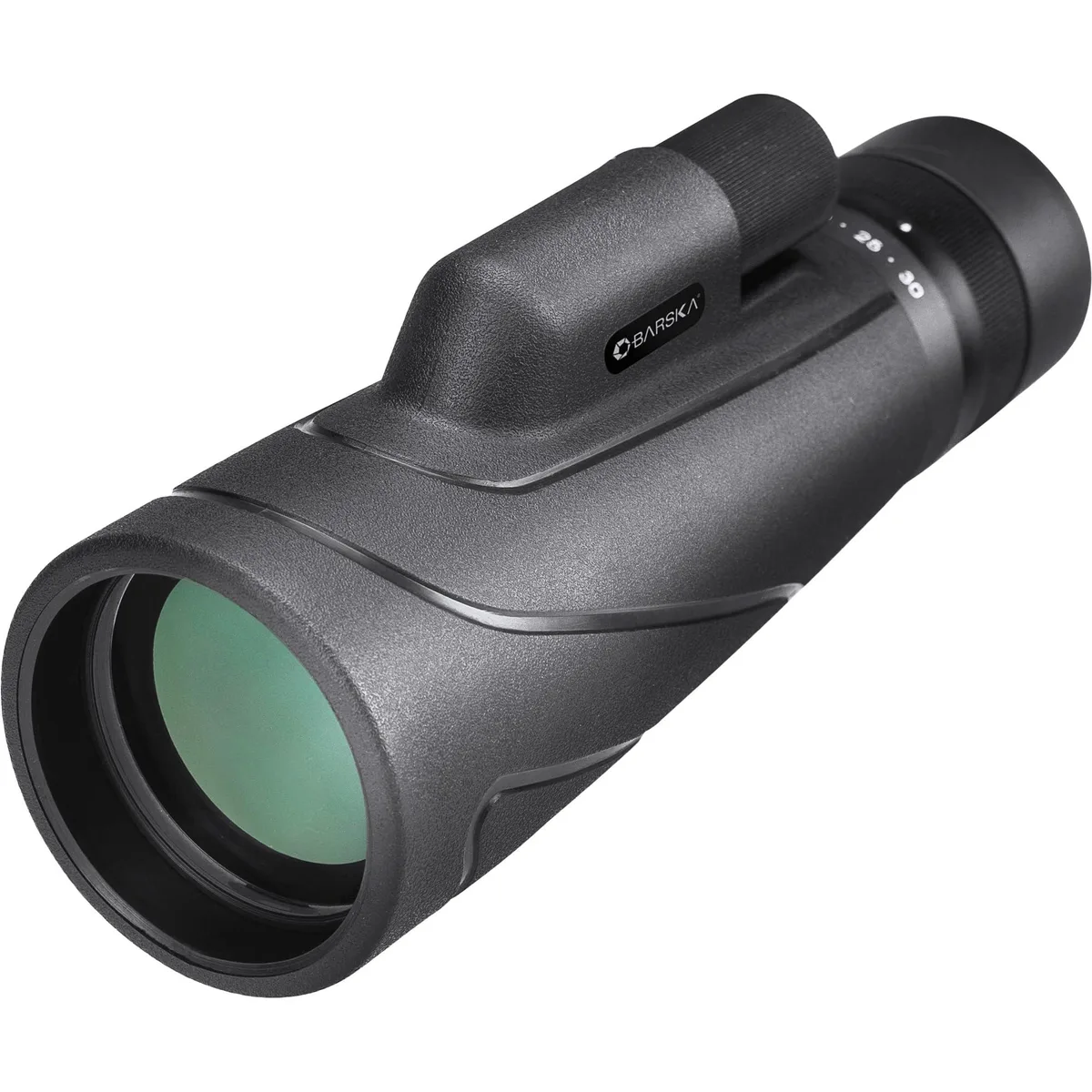 Black rubber-armoured monocular, compact cylindrical body with twist-up eyecup and centre focus wheel