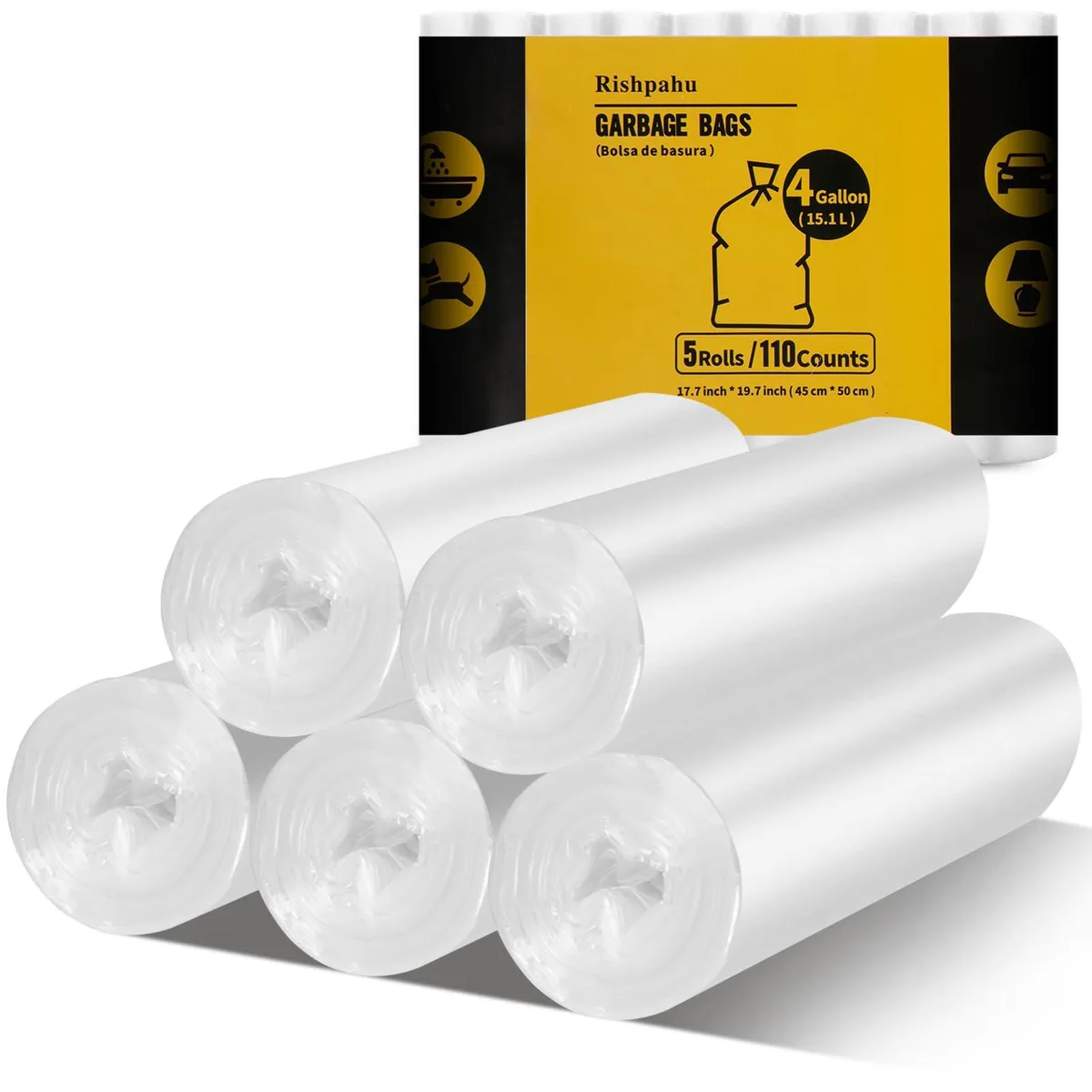 Box of 110 transparent 4 gallon trash bags, 0.3 mil HDPE