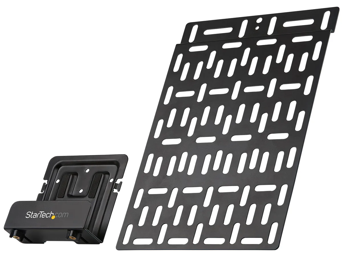 Black powder-coated steel mounting plate with grid of holes and adjustable cradle for media devices
