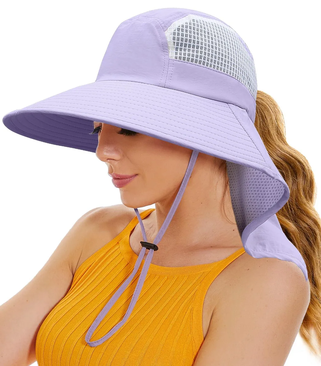 Sun Hat UV Protection Wide Brim Ponytail Hole Neck Flap Waterproof Black — product photo