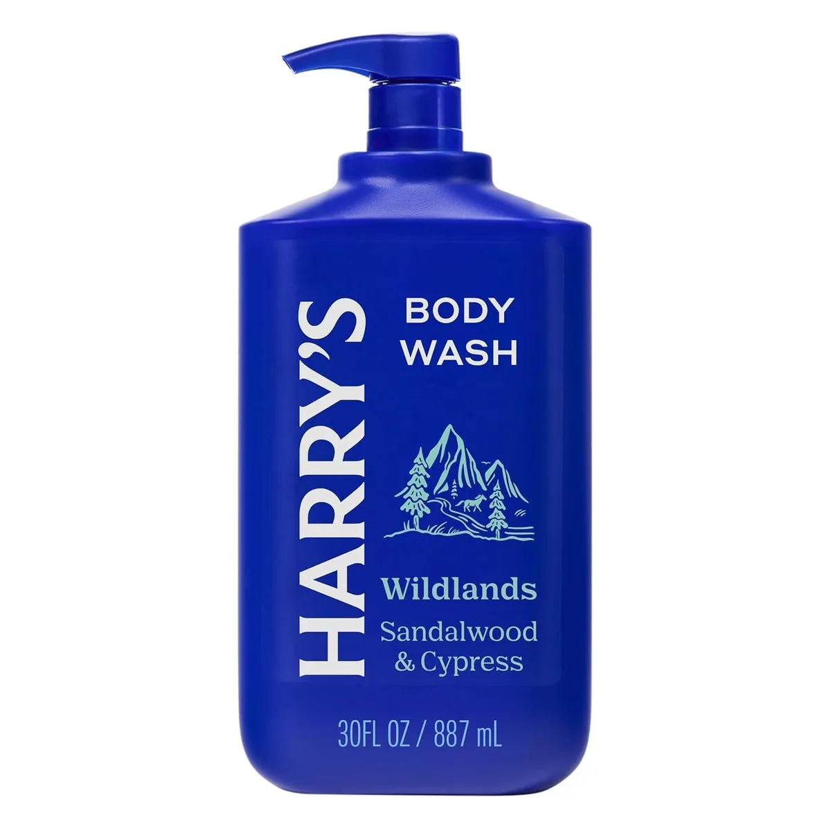 Blue rectangular bottle with pump dispenser, 30 fl oz body wash