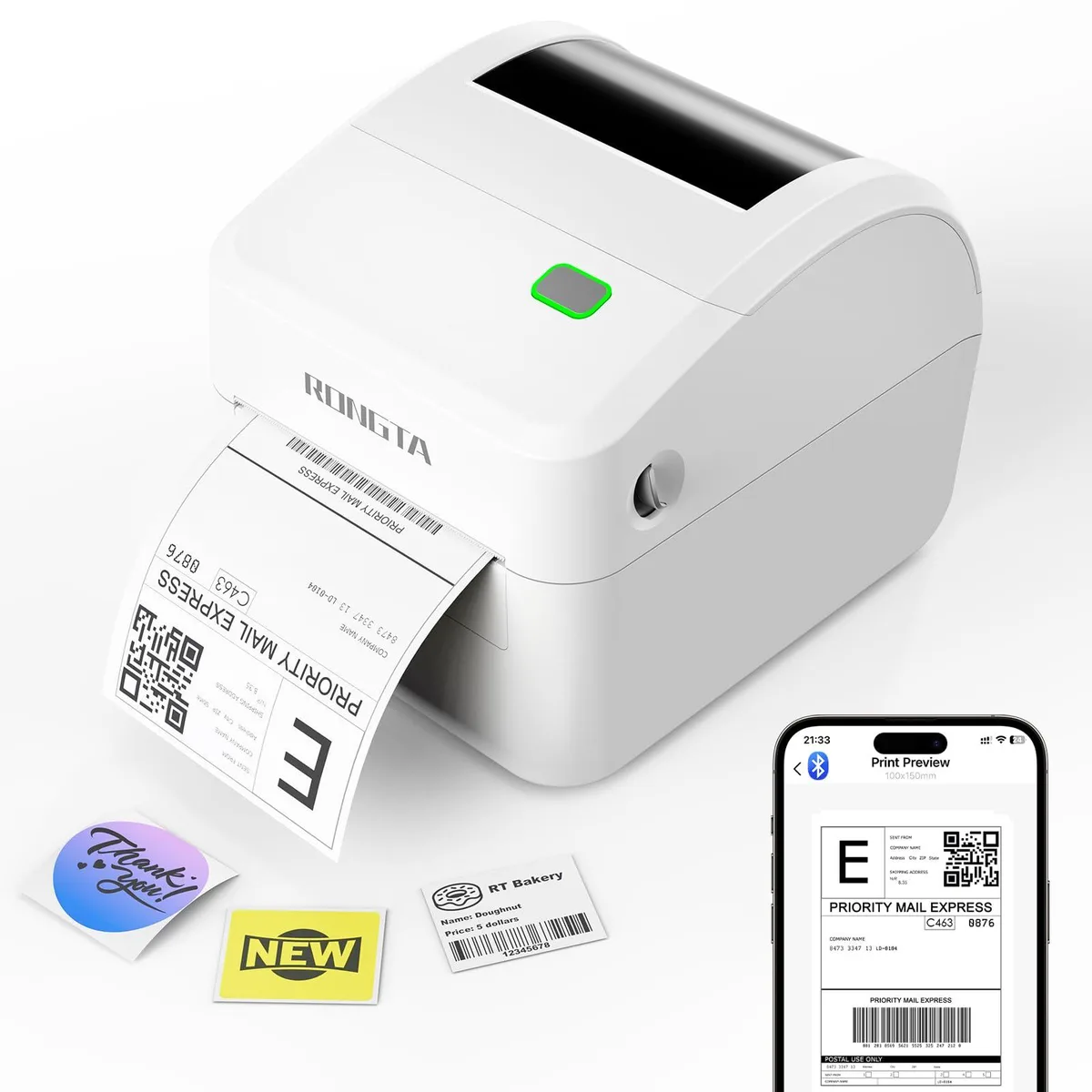 White compact thermal label printer with top-loading label roll and front output slot