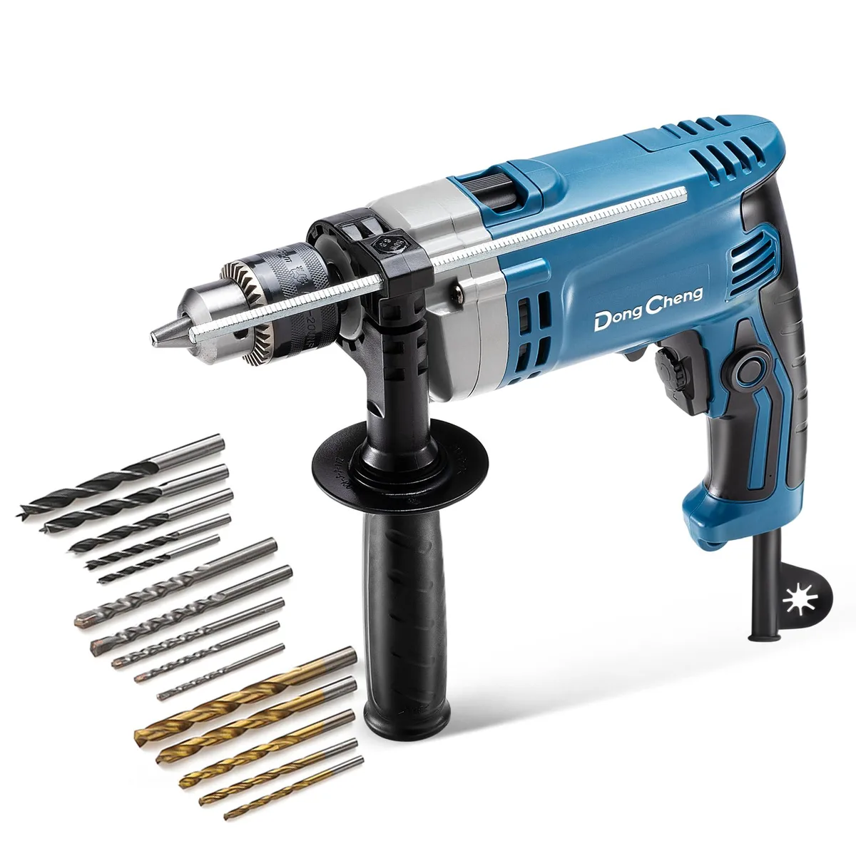 Blue corded hammer drill with 1/2 inch keyed chuck, rubber grip, side handle, depth gauge, chuck key and fifteen drill bits