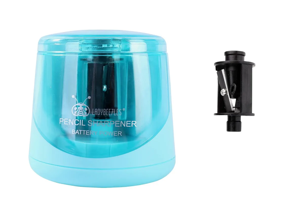 Compact blue battery pencil sharpener with transparent front and anti-slip base