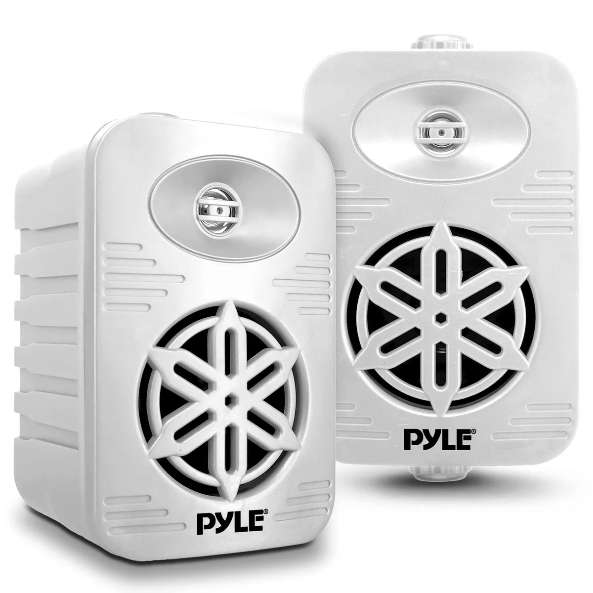 Pair of white rectangular outdoor speakers with mounting brackets