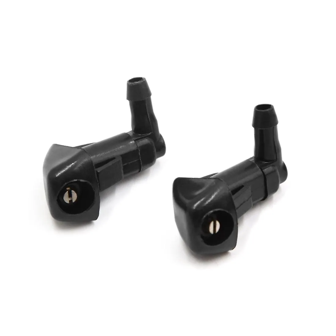 Two black plastic windshield washer nozzles, rectangular with tapered tips