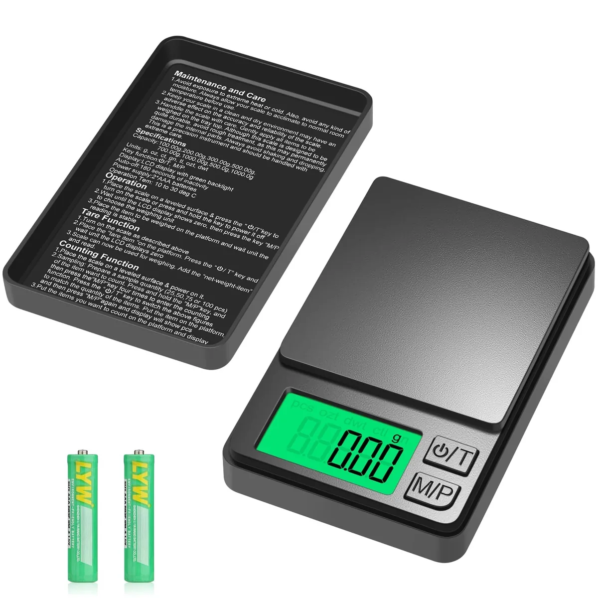 Compact digital pocket scale with protective cover tray, backlit LCD, palm-sized 3.42 by 2.2 by 0.74 inches