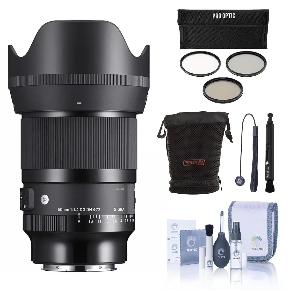 Black cylindrical lens with silver mount and 72mm filter kit accessories