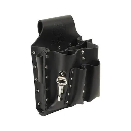 Black leather tool pouch with eight pockets and belt loop