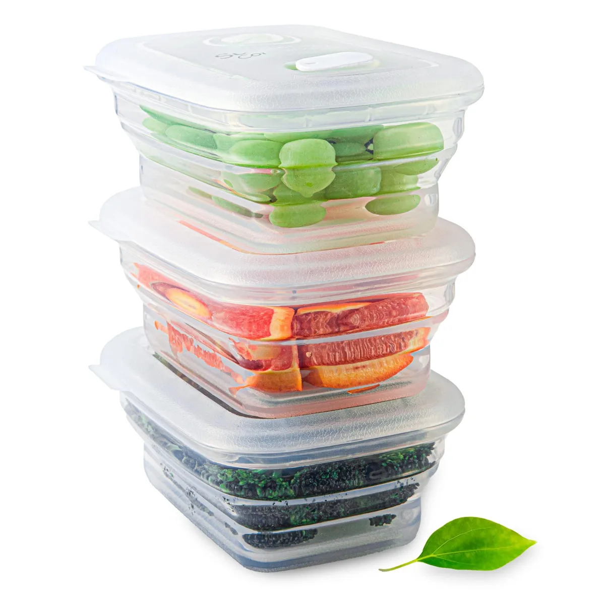 Three clear collapsible silicone containers with matching lids, shown expanded to 6.5 by 5 by 1.5 inches