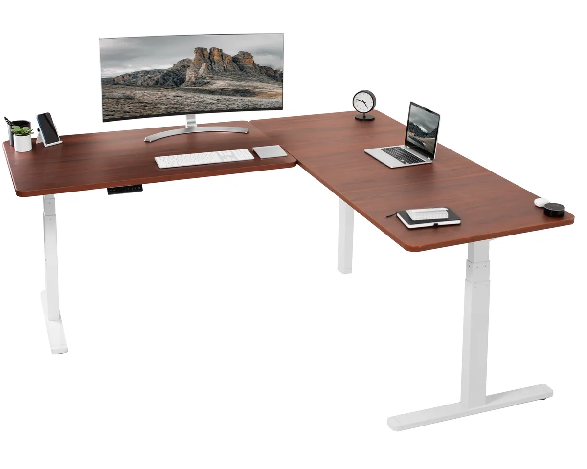 VIVO VIVO Electric Corner Desk 77" x 71" Dark Walnut White Frame office furniture — product photo