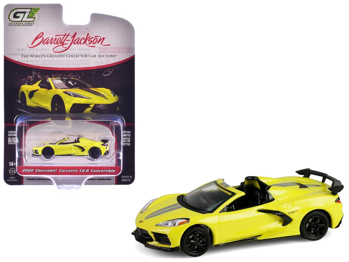 GREENLIGHT GREENLIGHT 2022 Chevrolet Corvette C8.R Convertible Yellow Silver Stripes "Barrett-Jackson" 1/64 Series 15 — product photo