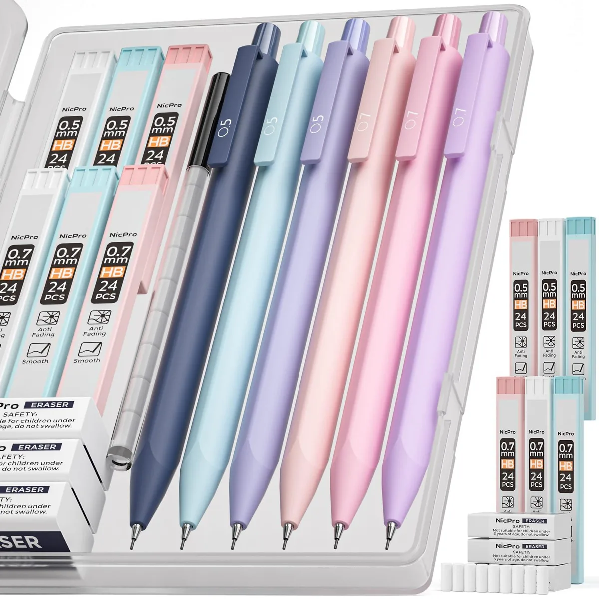Pastel mechanical pencil set in storage case with leads and erasers