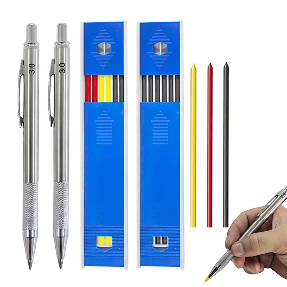 Two metal mechanical pencils with textured grips and pocket clips, plus refill boxes