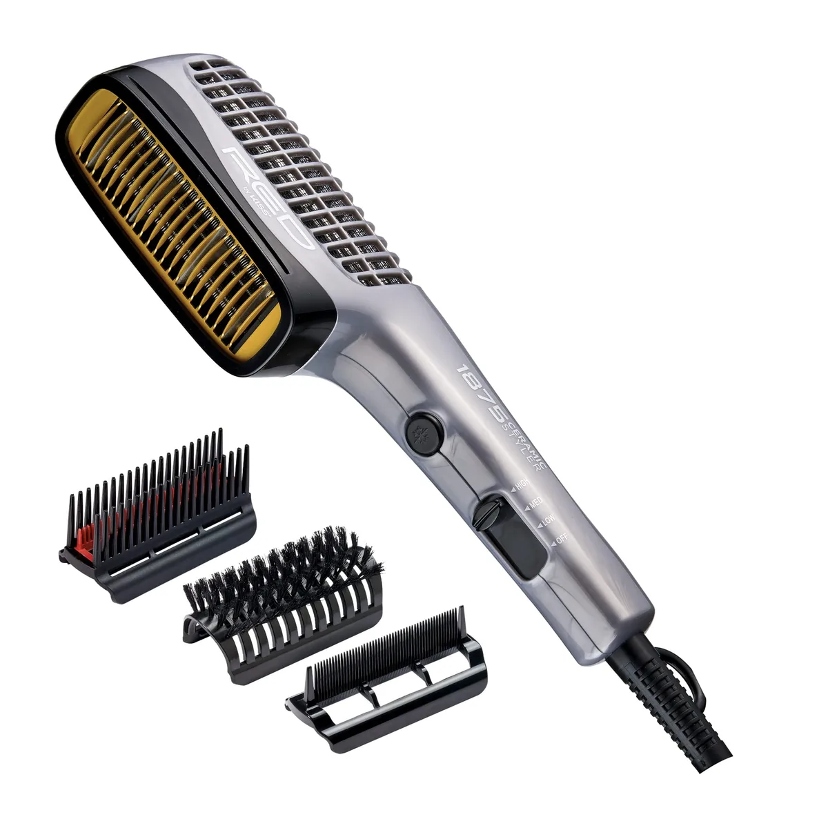 Red ceramic ionic hair dryer with three attachments, comb, brush and pik