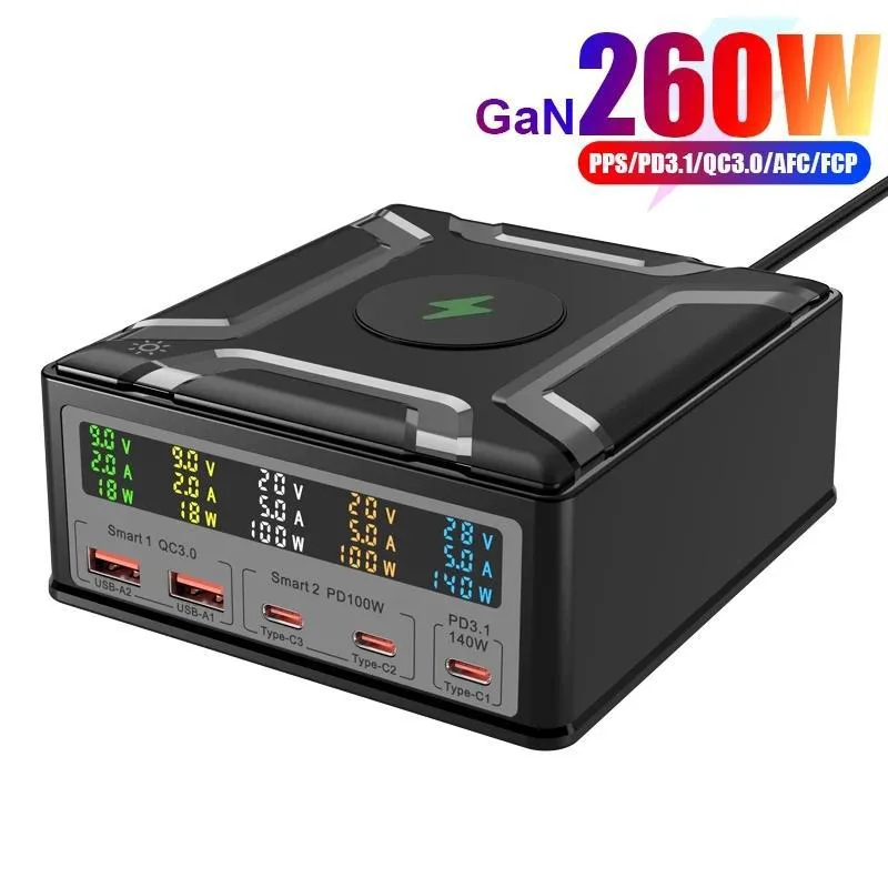 LUOM LUOM CS260W 260W 5-Port Desktop Charger 140W PD3.1 Wireless Black — product photo