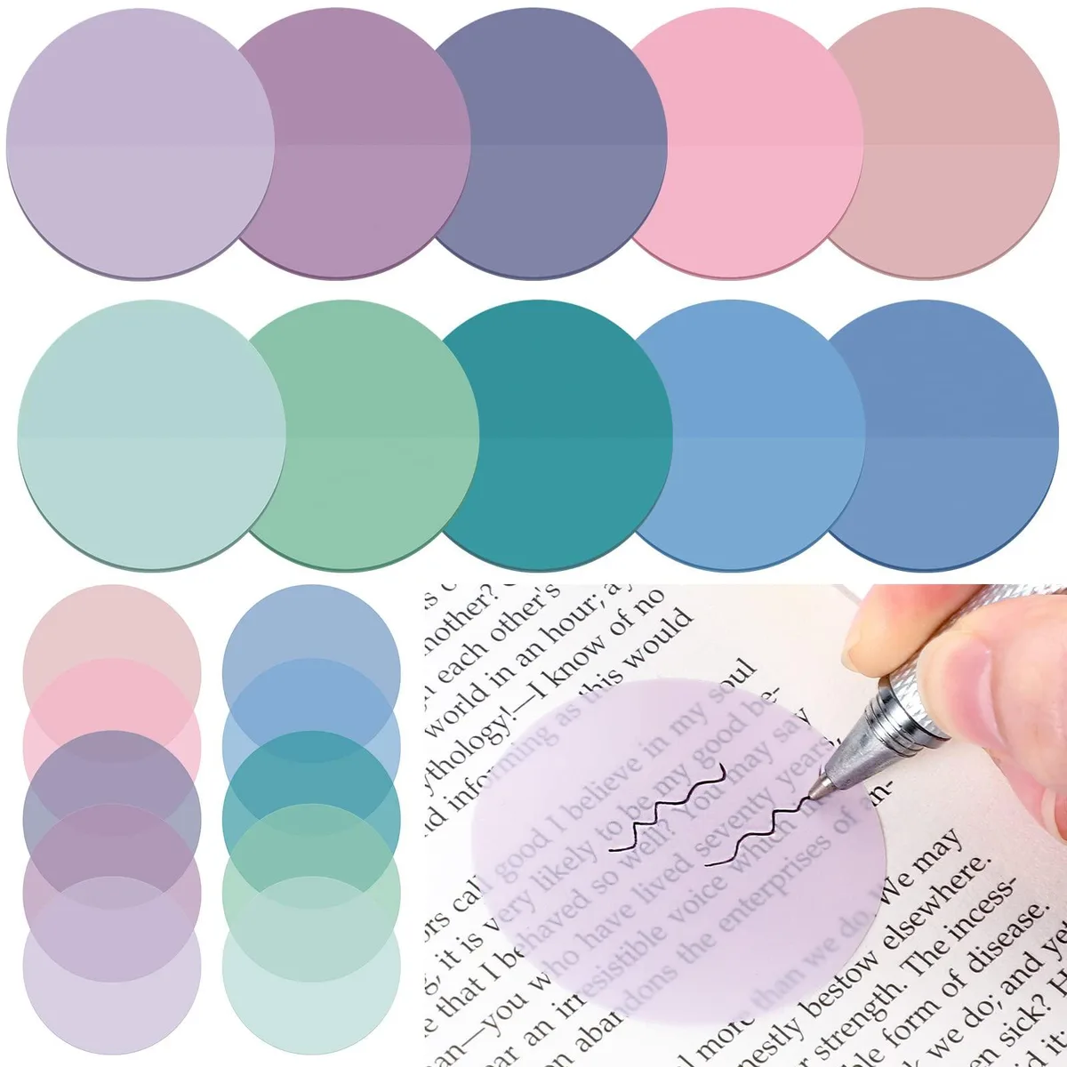 Ten round translucent sticky-note pads in assorted colours, each 1.75 inch diameter