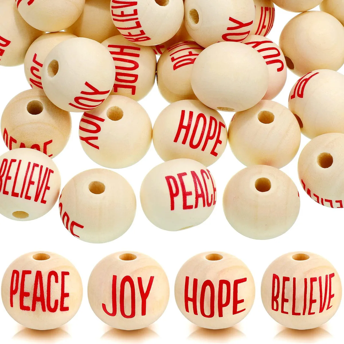 One hundred round wood beads with red printed words, each about .8 inch across