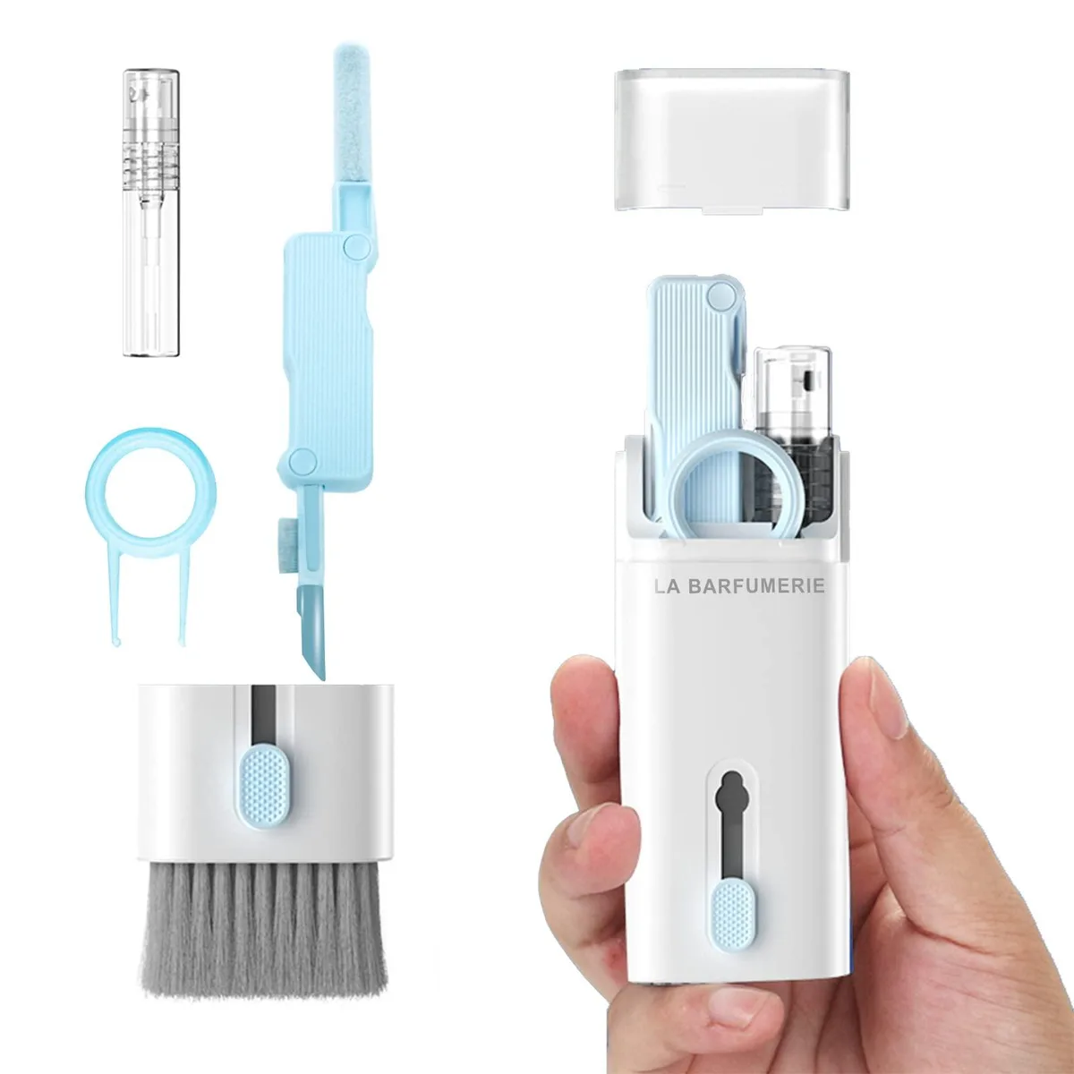 Compact rectangular cleaning kit with brush, wiper, spray bottle and tools in matte finish