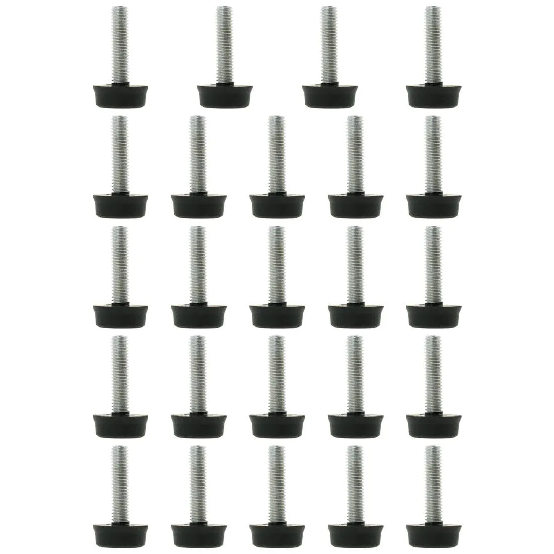 24 black plastic leveling feet with threaded metal stems on a light surface