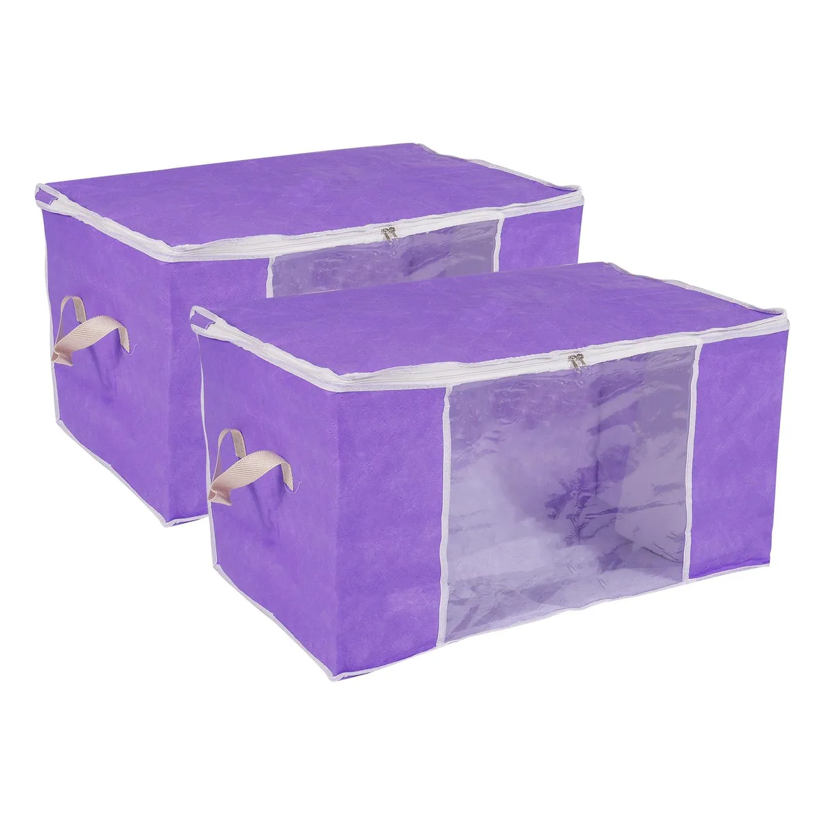 Two purple foldable fabric storage bins with clear front windows and reinforced handles