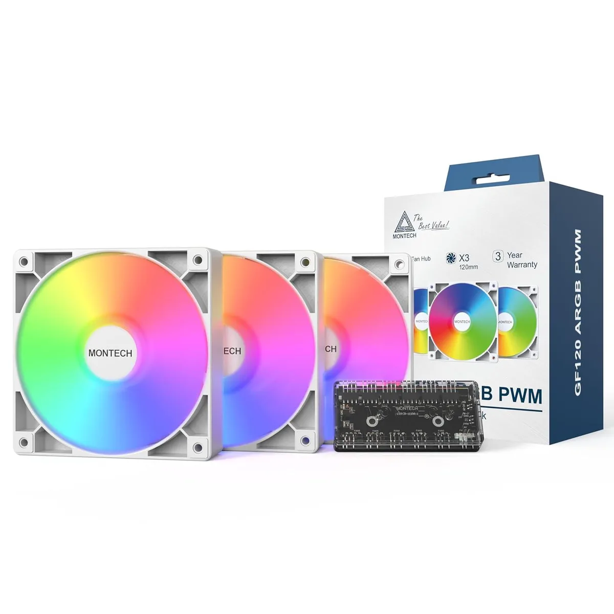Montech Montech GF120W3IN1 120mm ARGB PWM case fan 3-pack white — product photo