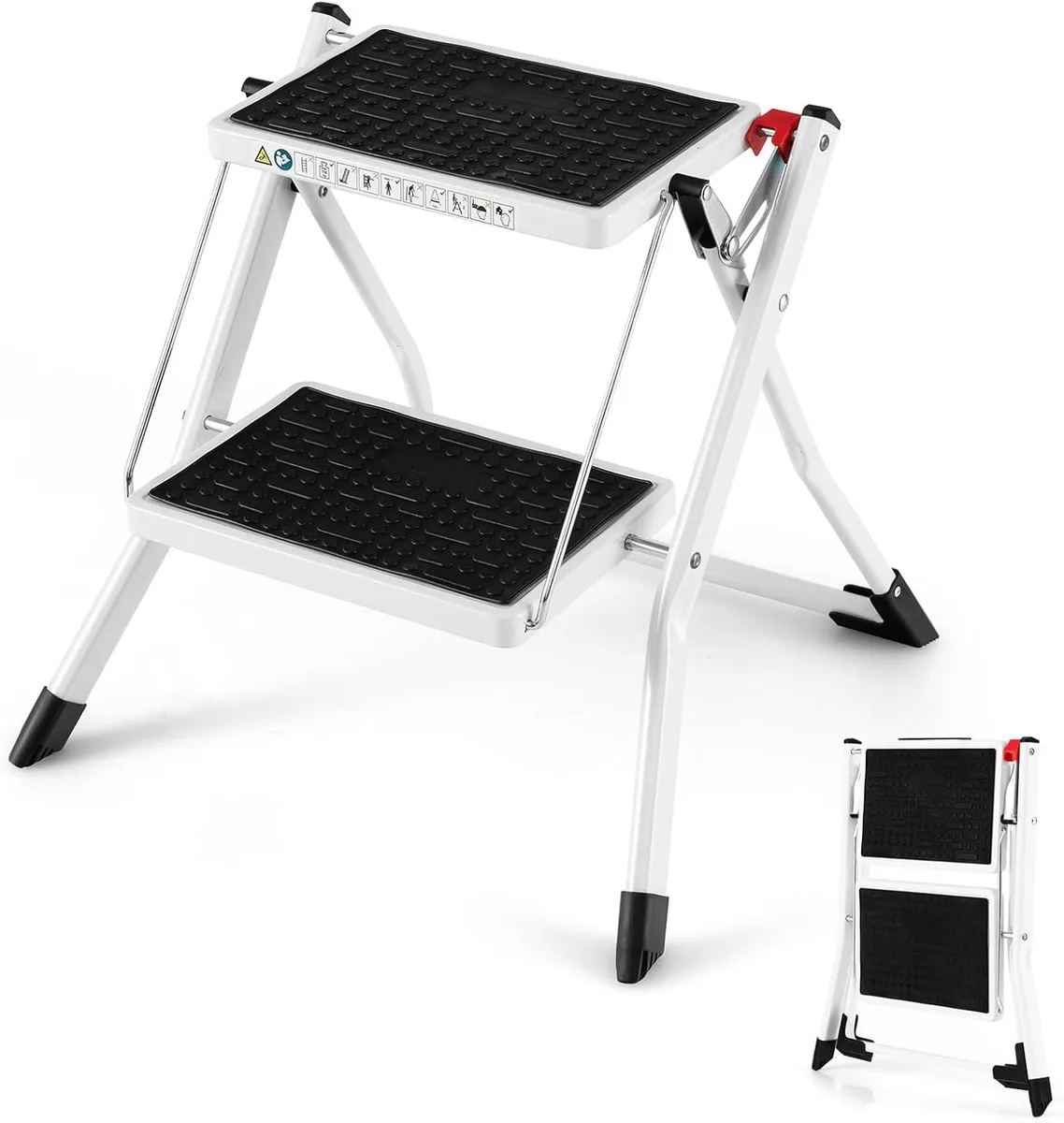 White and black two-step folding metal ladder with wide anti-slip pedals and non-slip foot caps