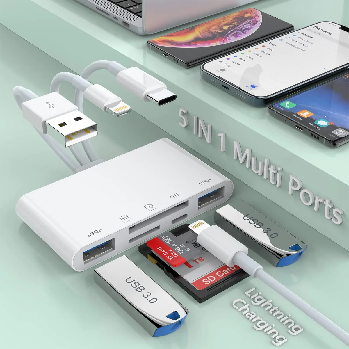 Multi-port card reader with Lightning, USB-C, USB-A and SD slots, compact dark finish