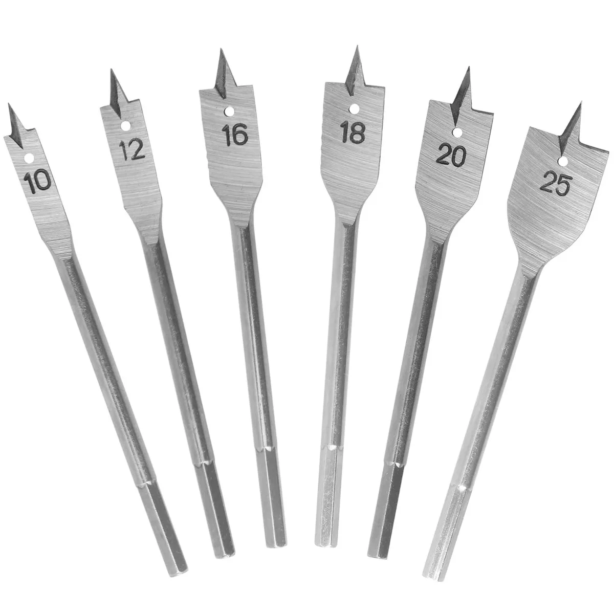 Six carbon-steel spade bits with hex shanks, sizes 10 to 25 mm