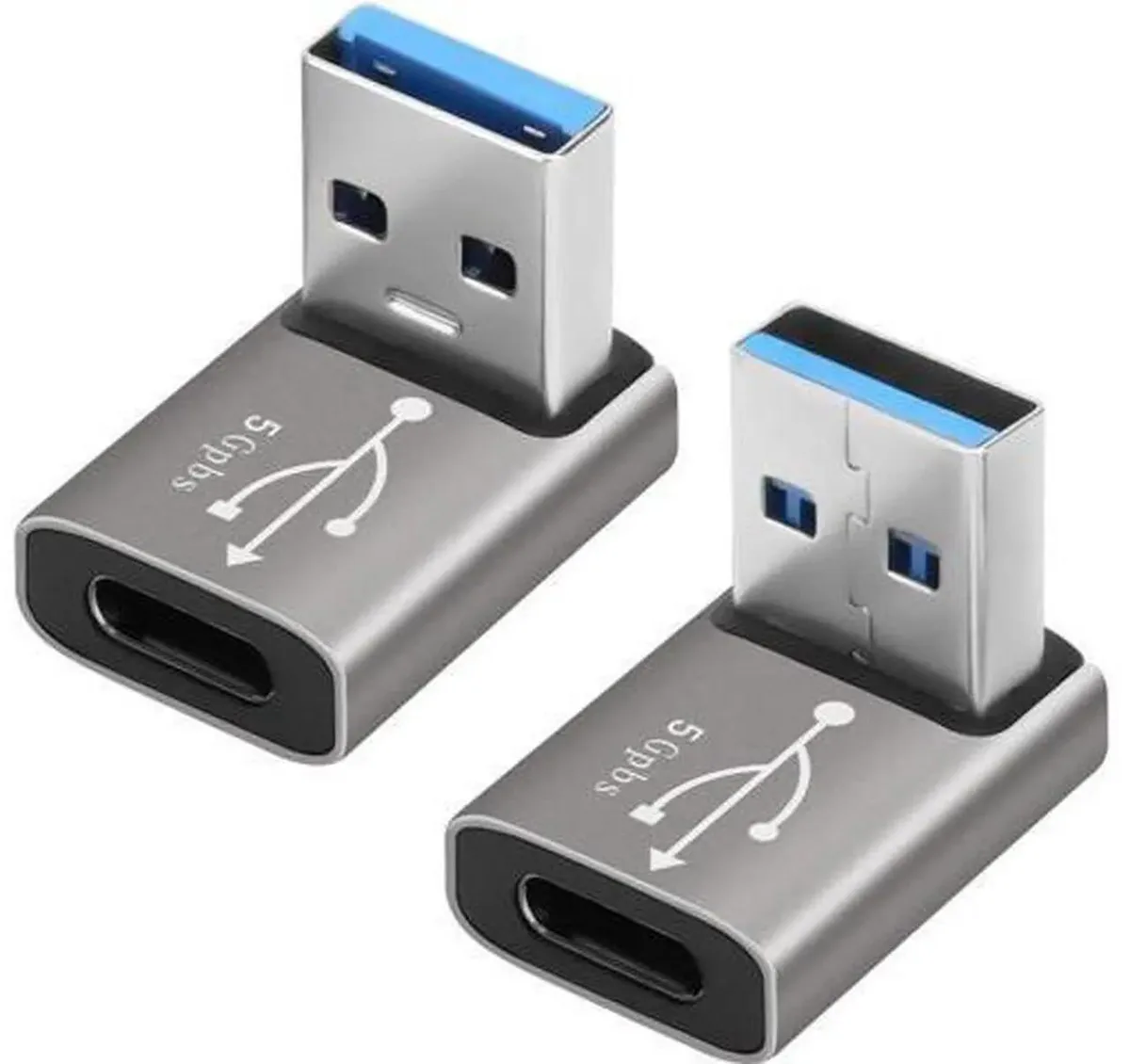Two 90-degree L-shaped USB-A male to USB-C female adapters, one up-angle and one down-angle, compact matte black finish