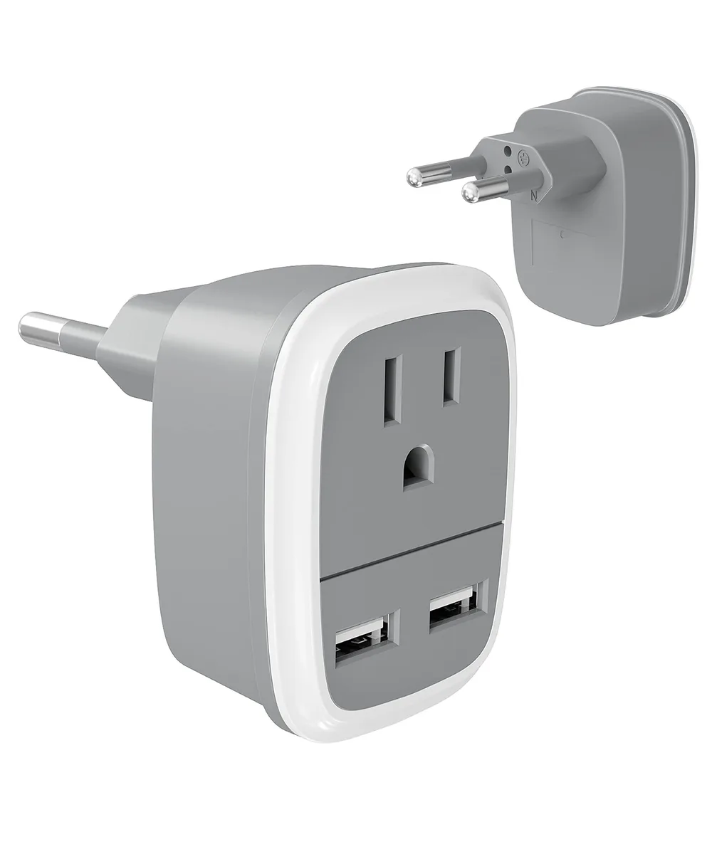 White-grey US-to-EU travel adapter with two USB ports