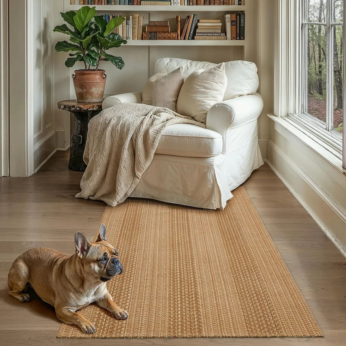 Rectangular light-brown woven rug with low profile and non-slip backing