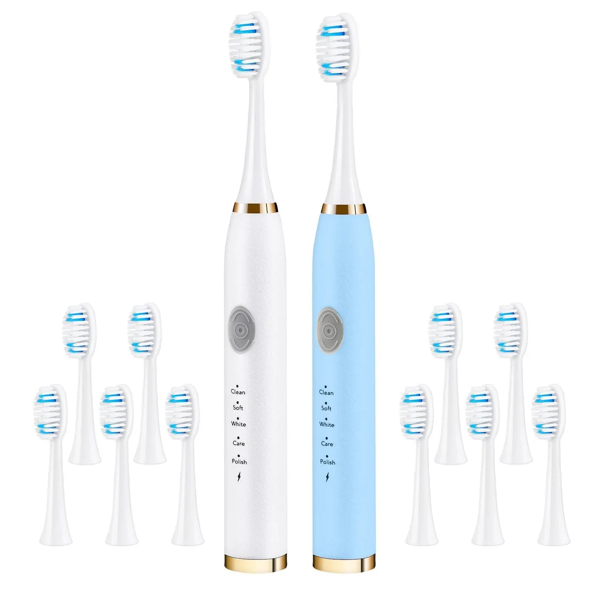Two blue electric toothbrushes with multiple brush heads