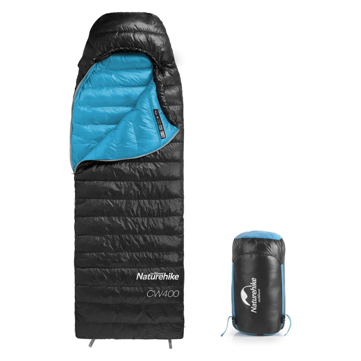 Black semi-rectangular down sleeping bag with compression sack