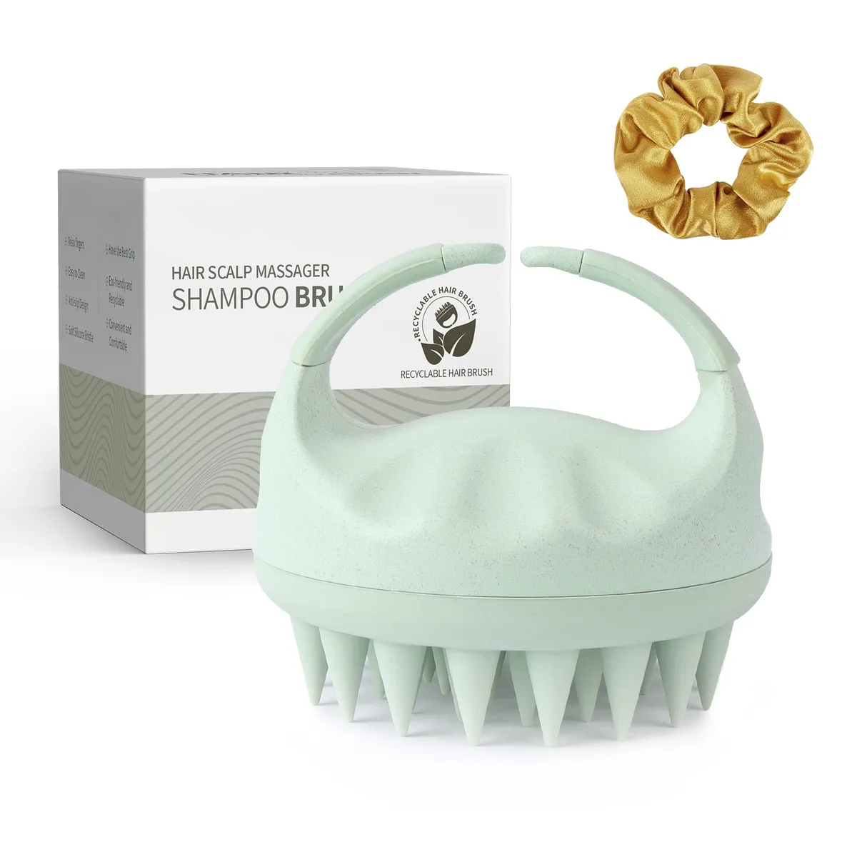 Green wheat-straw scalp massager with 44 long silicone bristles and ergonomic hanging handle
