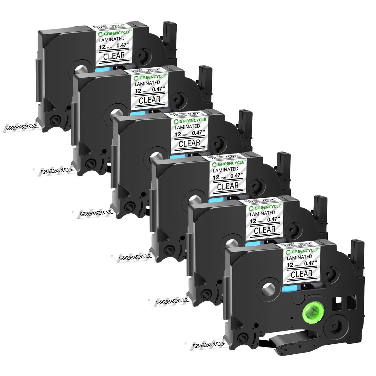 GREENCYCLE GREENCYCLE TZe-131 12mm 0.47" Black on Clear Laminated Tape 6 pack — product photo