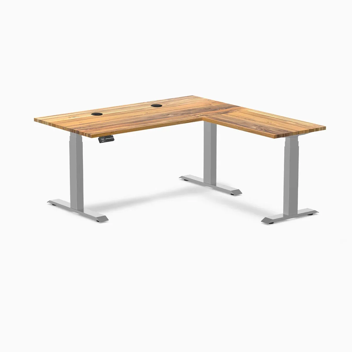 Desky Desky Hardwood L-Shape Sit Stand Desk Teak Grey 60 x 30 x 62 x 20 in with Grommets — product photo