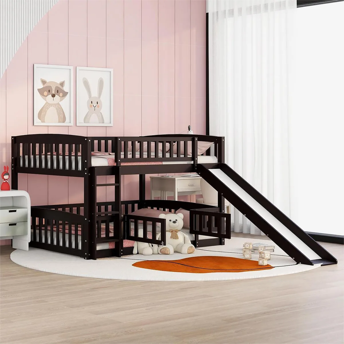Espresso solid-wood full-over-full bunk bed with slide and ladder