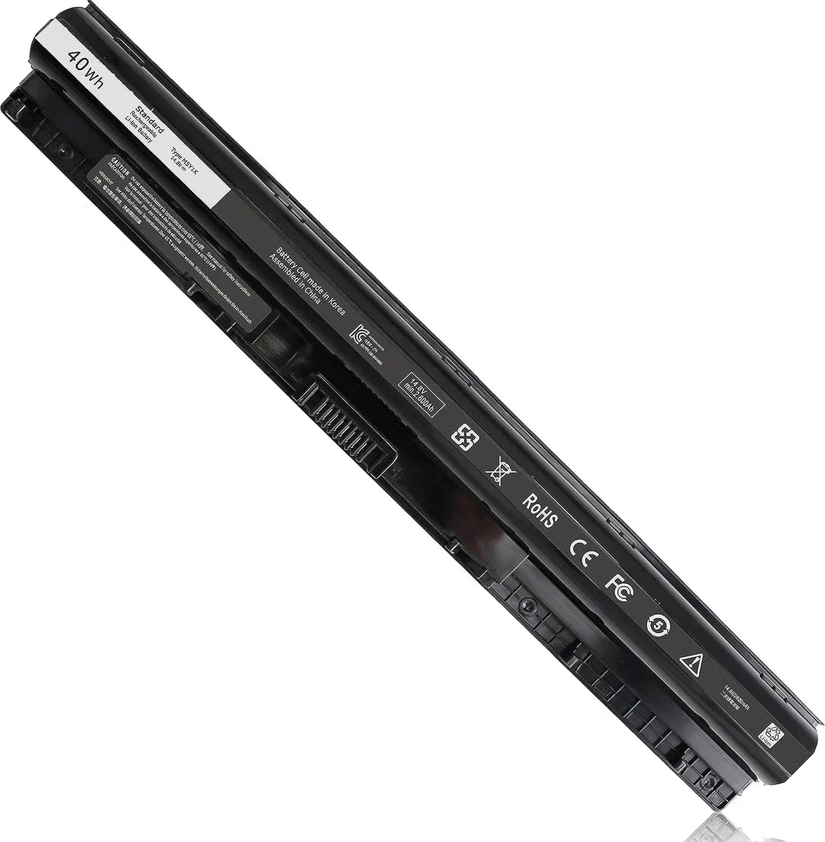 Rectangular lithium-ion laptop battery, black plastic casing, label shows 40Wh 14.8V